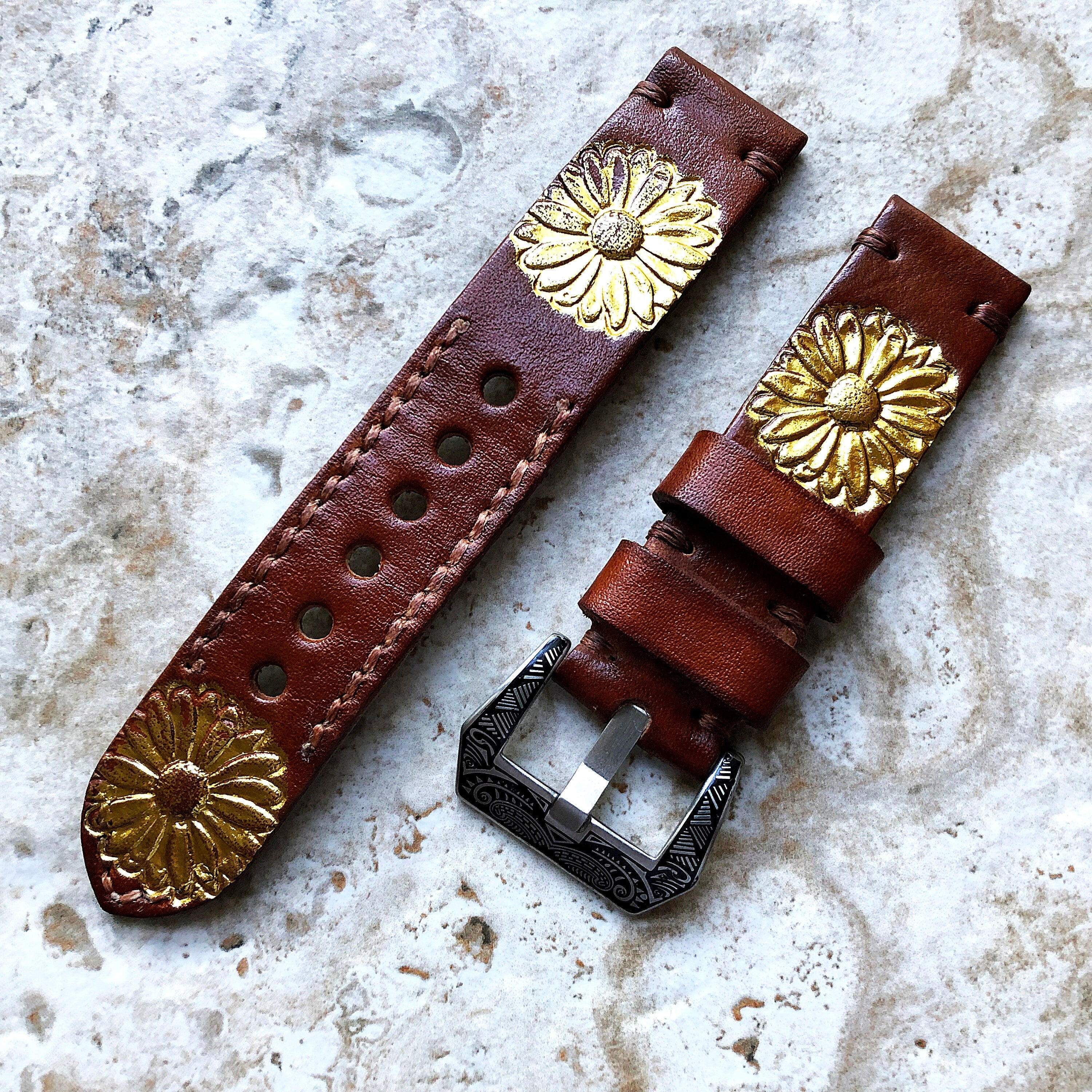 Daisy Flower Band 22mm 24mm 25mm Compatible with Apple Watch Fitbit Versa 2 3 4 Sense 2 Ionic Embossed Tooled Real Leather Strap
